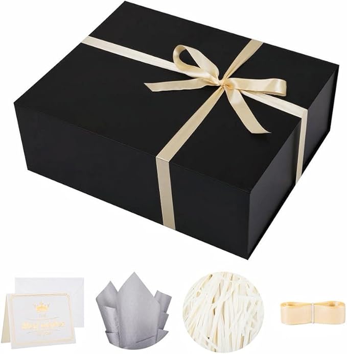 UoeRing 1 Extra Large Black Gift Box 20x16x7 inch Luxury Gift Box for Presents with Magnetic Closure Lid Collapsible,Birthday,Christmas,Contains Card, Ribbon,Tissue Paper,Shredded Paper Filler