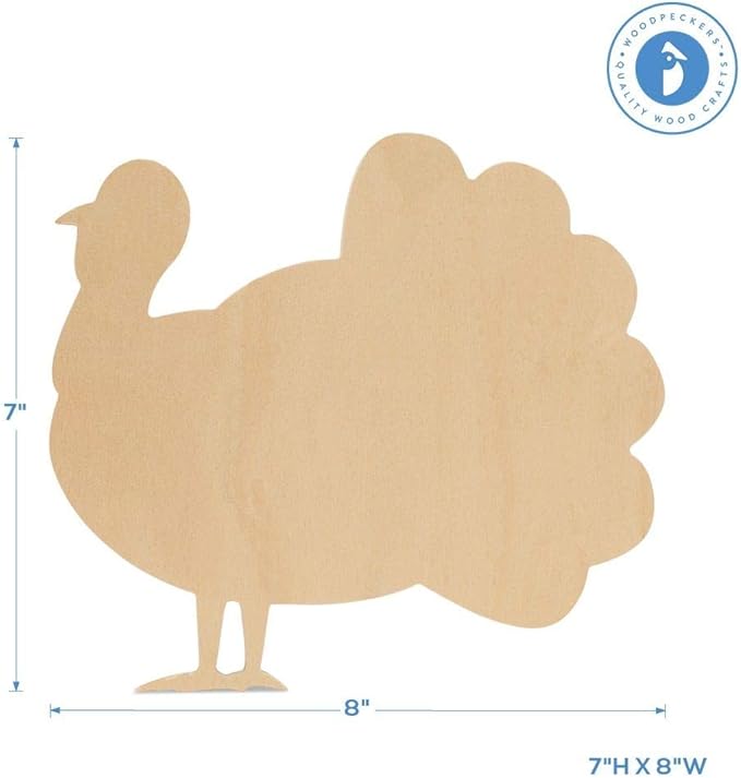Classic Wood Turkey Cutouts 8 inch, Pack of 12 Fall Unfinished Wood Cutouts to Paint and Display, Thanksgiving Party Decorations, by Woodpeckers