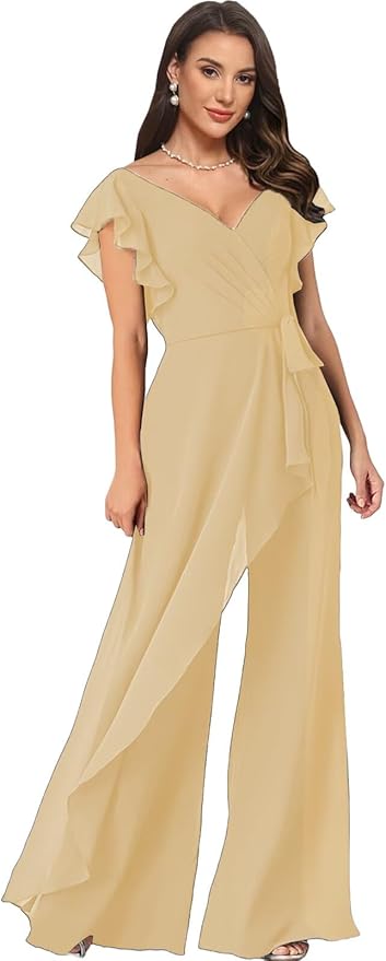 Chiffon Mother of The Bride Jumpsuits for Women Asymmetrical Pant Suits Flutter Sleeve V Neck Formal Evening Outfits