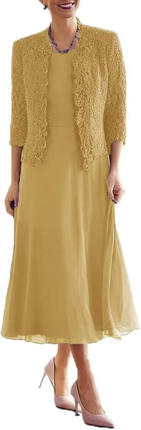 Tea Length Grandmother of The Bride Dresses with Jackets Elegant Laces Mother of Bride Dress for Wedding Guests