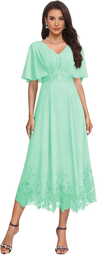 Tea Length Mother of The Bride Dress with Sleeves Laces Formal Evening Gowns for Wedding V Neck Wedding Guest Gown ZMX37