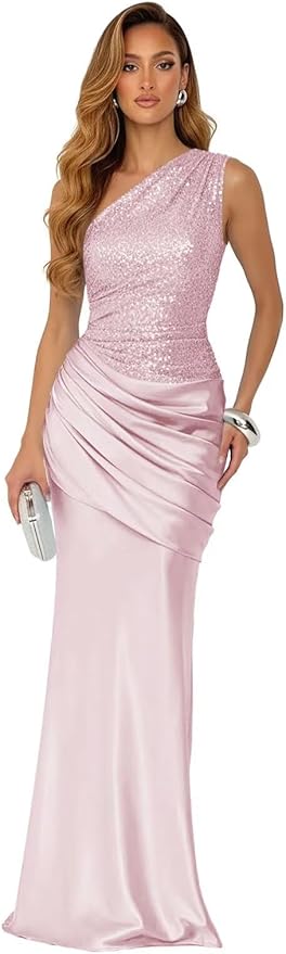 Sparkly Sequins Mermaid Prom Dress 2026 for Women Long Satin One Shoulder Asymmetrical Pleated Formal Evening Gown