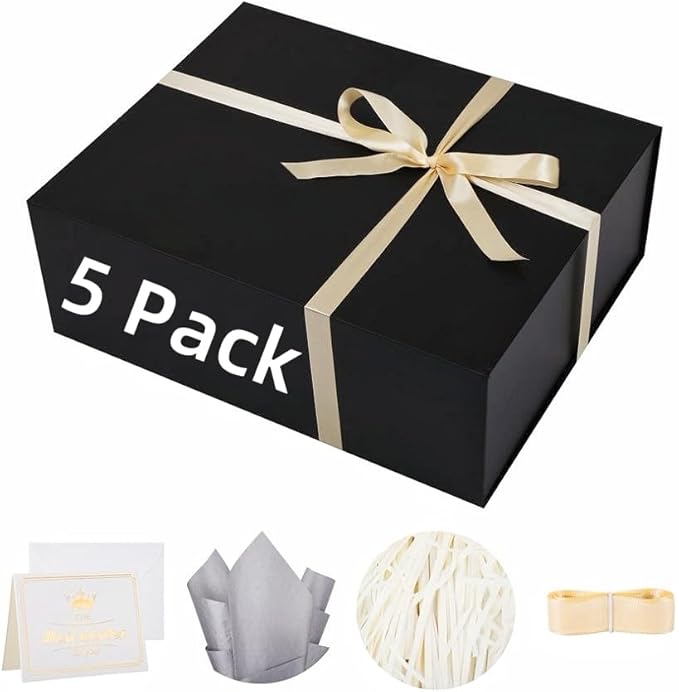 5 Pack Extra Large Black Gift Box 20x16x7 inch Luxury Groomsman Box for Presents with Magnetic Closure Lid Collapsible,Birthday,Christmas,Contains Card, Ribbon,Tissue Paper,Shredded Paper Filler