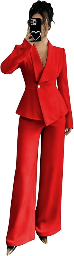 Pant Suits for Women Dressy 2 Piece Womens Pantsuit Long Sleeve Lapel V-Neck Formal Outfit for Wedding Guest