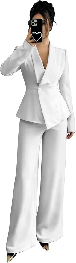 Pant Suits for Women Dressy 2 Piece Womens Pantsuit Long Sleeve Lapel V-Neck Formal Outfit for Wedding Guest