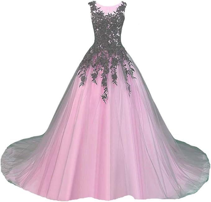 Kivary Gothic Gray Tulle Long Black Lace Sheer Bateau Prom Wedding Dresses