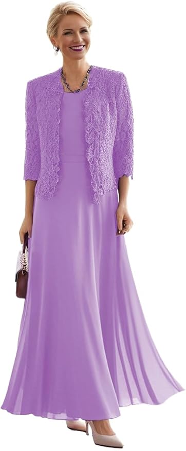 2 Pieces Mother of The Bride Dresses for Women Laces Mother of The Groom Dress 3/4 Sleeve Chiffon Formal Evening Dresses