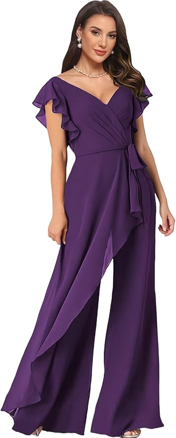 Chiffon Mother of The Bride Jumpsuits for Women Asymmetrical Pant Suits Flutter Sleeve V Neck Formal Evening Outfits
