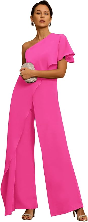 Mother of The Bride Jumpsuit Chiffon One Shoulder Ruffles Wedding Guest Pantsuit for Women