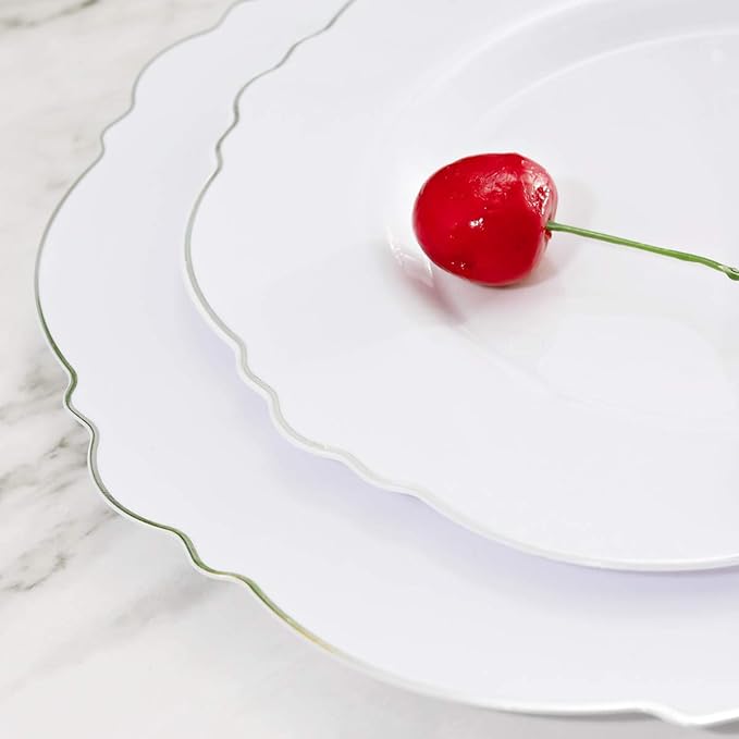 WDF 100pcs Silver Plastic Plates - High-end Baroque Design - Heavy Duty White &Silver Plates for Christmas Upscale Parties &Wedding