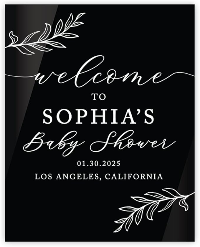Andaz Press 16X20 Inch Black Acrylic Personalized Baby Shower Welcome Sign, Gender Neutral Large Custom Sign For Easel Stand, Rustic Laurel Leaves Baby Shower Decorations Neutral, Acrylic Welcome Sign