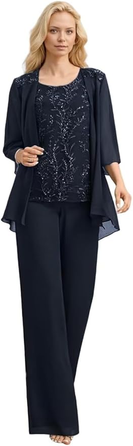 3 Pieces Mother of The Bride Pant Suits Long Laces Appliques 3/4 Sleeves Chiffon Mother of The Groom Dress