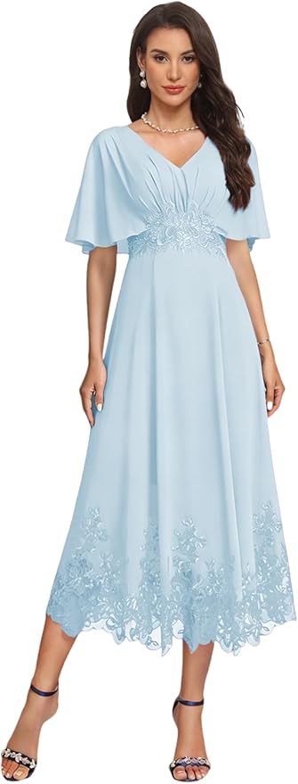 Tea Length Mother of The Bride Dress with Sleeves Laces Formal Evening Gowns for Wedding V Neck Wedding Guest Gown ZMX37