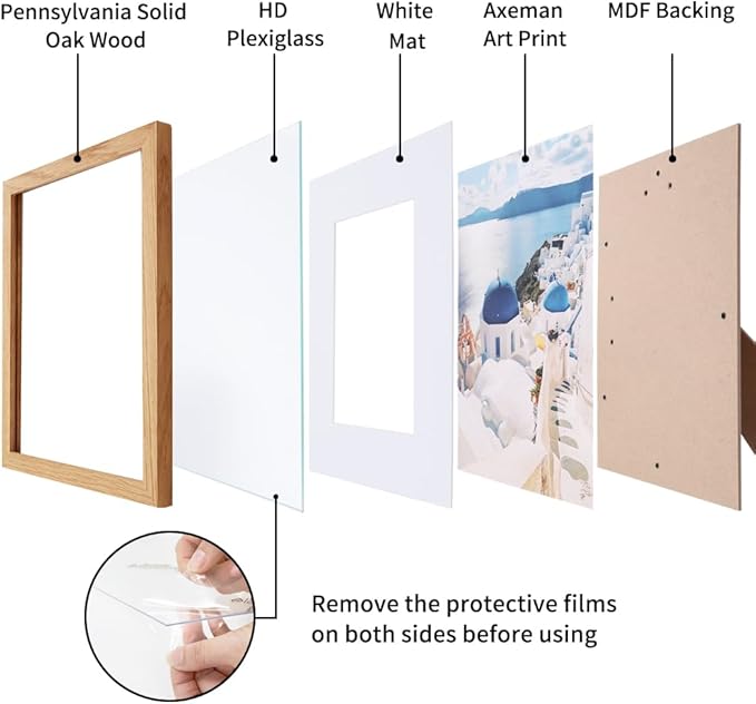 Axeman 8x10 Picture Frame - Solid Oak Wood 8''x10'' Frame With Mat For 5x7, 8 x 10 Photo Frame Wood, Plexiglass And Hanging Hardware Included, Wall And Tabletop Display, Oak 3PCs