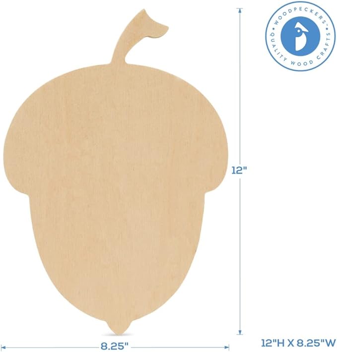 Wood Acorn Cutouts 12 x 8-1/4 inch, Pack of 12 Unfinished Wooden Cutouts for Crafting, and DIY Thanksgiving Party Decorations, by Woodpeckers