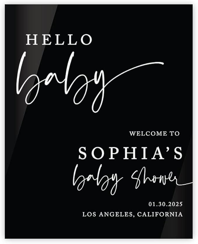 Andaz Press 16"x20" Black Acrylic Personalized Baby Shower Welcome Sign, Gender Neutral Large Custom Sign for Easel Stand, Modern Hello Baby Shower Decorations