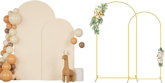 6FT 7.2FT Metal Arch Stand and Cover Set of 2 Beige Arch Stand Cover for Round Top Stands for Bridal Baby Shower Spandex Arch Stand Cover for Birthday Party Wedding Ceremony Decorations