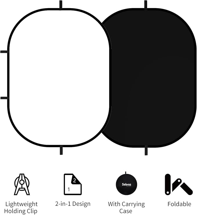 5x6.6ft Black White Background for Photography, Pop-Up Collapsible Backdrop 2-in-1 Muslin Self Tape Backdrop with Clip and Carry Case