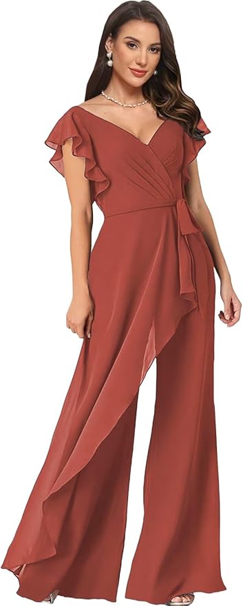 Chiffon Mother of The Bride Jumpsuits for Women Asymmetrical Pant Suits Flutter Sleeve V Neck Formal Evening Outfits