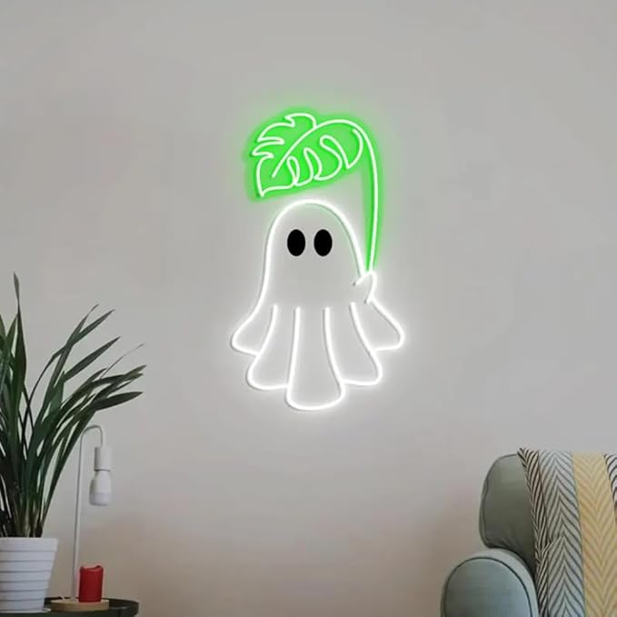 Cute Ghost Monstera Neon Sign, Cute Ghost Neon Light, Monstera Leaf Wall Art, Gifts for Plant Obsessed, Cute Plant Gifts Size:H15 x W8inches