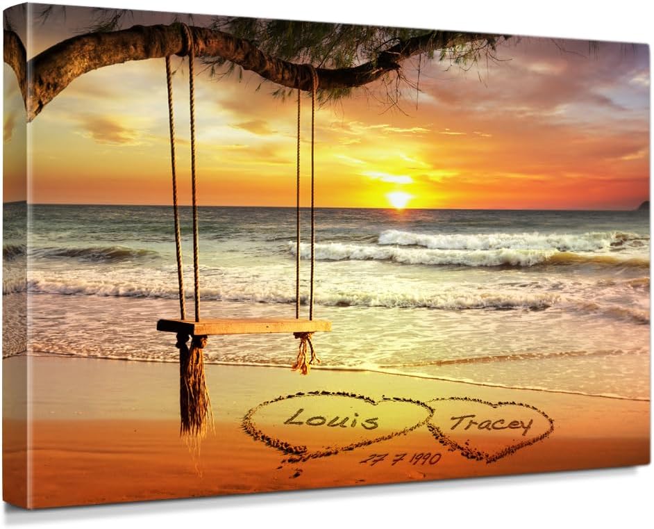 IPIC - "Eternal Love Personalized Canvas Wall Art, Custom Beach Sunset Scene with Names and Date in Sand, A Personalized Gift for Couple, Wedding, or Anniversary, Coastal Home Decor