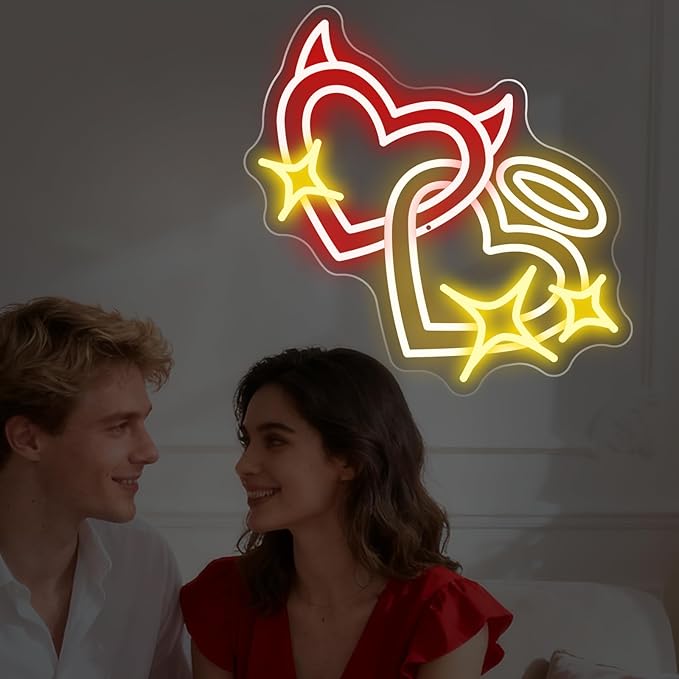 Angel and Devil Heart Neon Sign - 5-Level Dimmable USB Valentine's Day Decor & Heart Neon Signs, Ideal for Weddings, Parties, Shop Walls, Cute Bedroom Wall Art