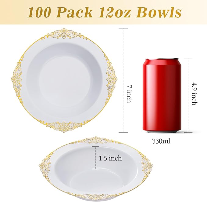 100 Pack White Plastic Bowls with Gold Relief Rim, 12oz Plastic Salad Bowl, Disposable Bowls for Party, Dinners, Weddings, Christmas, Thanksgiving, Valentine's Day