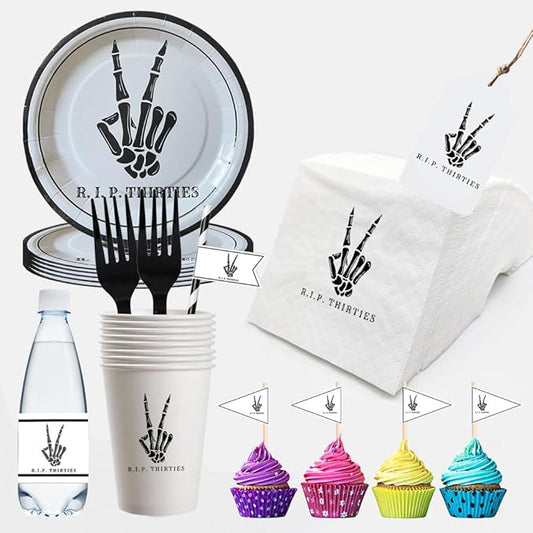 SharkBliss RIP Thirties Party Supplies 240 PCS – Paper Cocktail Napkins Party Cups Water Bottle Labels Toothpick Flags Drinking Straws Gift Tags Forks Plates for Death to My 30s 40th Birthday