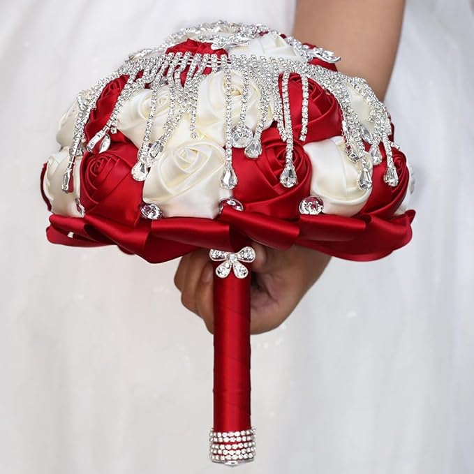 Bridal Wedding Bouquet Luxury Silver Rhinestones Brooch Bouquet for Bride Bridesmaid Quinceanera Artificial Satin Rose Flower Bouquet Wedding Burgundy and Ivory 9.5in