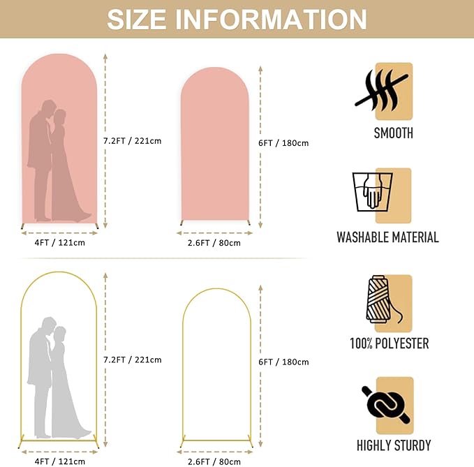 Wedding Arch Stand and Cover Set of 2 Metal Arch Backdrop Stands with Dusty Rose Arch Spandex Cover Chiara Wall Backdrop Covers for Arches Frame 6FT 7.2FT for Bridal Shower Ceremony Decor