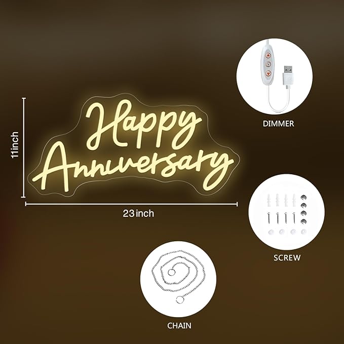 Large Happy Anniversary Banner Led Neon Signs for Wall Decorations 23"×11" Wife Husband Parents Wedding Happy Anniversary Sign for12 36 45th Birthday Party Romantic Decor Backdrop