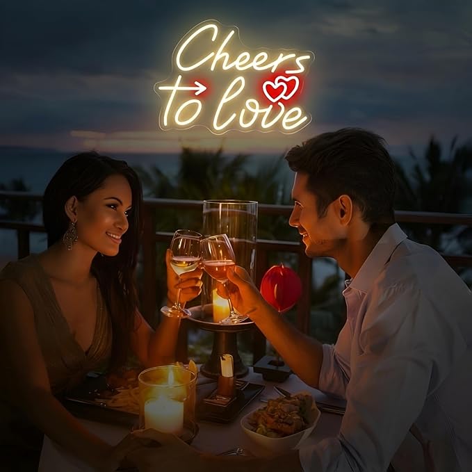 Cheers To Love Neon Sign, Warm White LED Neon Light for Wedding, Engagement Party & Anniversary, Valentine’s Day Decorations, Celebratory Wall Art for Date Night & Party Backdrop Decor 16.5"x11.8"