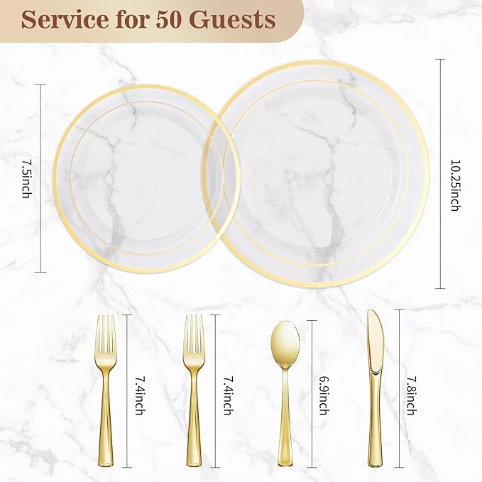 BESTVIP 300PCS Clear Gold Plastic Plate Set (50 Guests), Disposable Dinnerware Set for Party, Wedding, Birthday - 100 Plates, 100 Forks, 50 Spoons, 50 Knives for Christmas