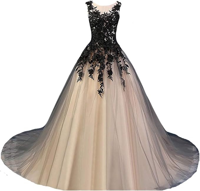 Kivary Gothic Gray Tulle Long Black Lace Sheer Bateau Prom Wedding Dresses