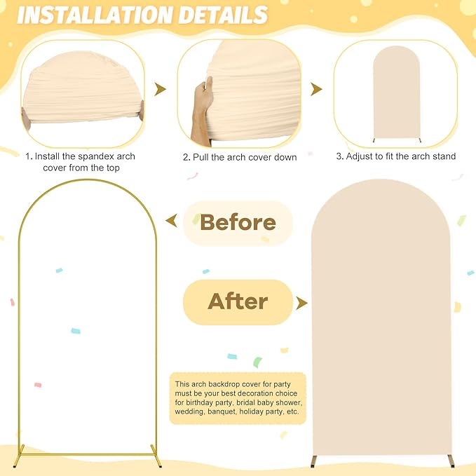 FOTSHARER 7.2FT Metal Arch Backdrop Stand with Beige Arch Cover Wedding Balloon Arches Stands Spandex Fitted Arched Backdrop Stand Cover for Baby Shower Birthday Party Graduation Ceremony Decor