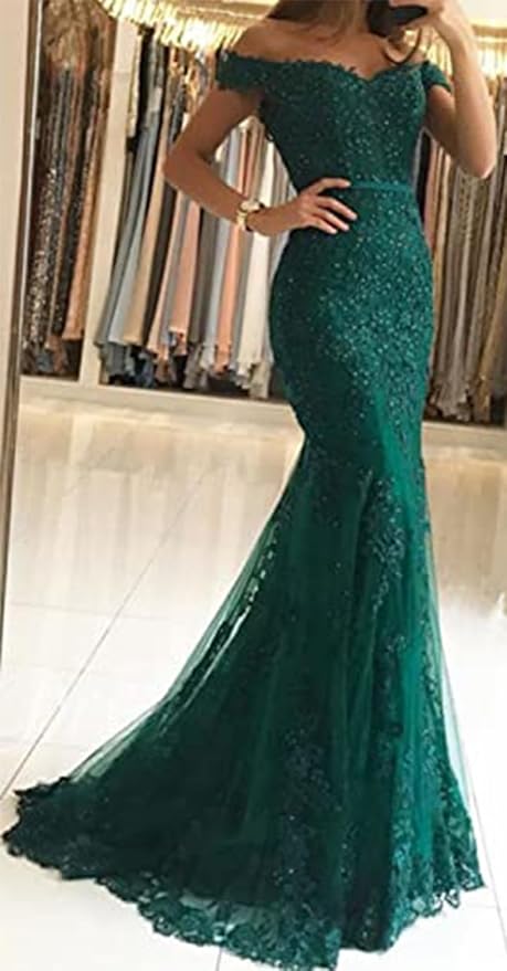 Tulle Long Prom Dresses Off The Shoulder Mermaid Dress with Elegant Laces Appliques Formal Evening Party Gowns