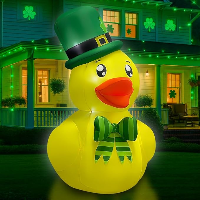 5FT St. Patrick's Day Inflatable Duck, Blow Up Duck with Shamrock Hat and Bow, Outdoor Decoration with LED Lights for Yard, Garden, Lawn, Home, Party Decor