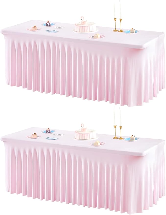 2 Packs Pink Table Clothes for 6 Foot Rectangle Tables, One-Piece Wrinkle Resistant Stretch Spandex Table Covers with Skirt for Event Banquet Wedding Birthday Party
