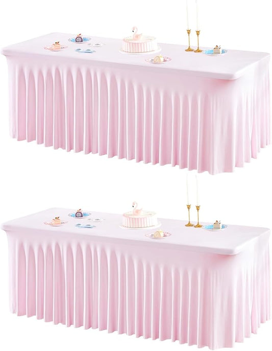 2 Packs Pink Table Clothes for 6 Foot Rectangle Tables, One-Piece Wrinkle Resistant Stretch Spandex Table Covers with Skirt for Event Banquet Wedding Birthday Party