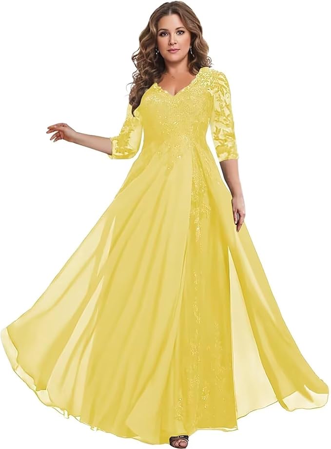 Long Sleeve Mother of The Bride Dress for Wedding Chiffon Lace Applique Formal Gowns BOF163
