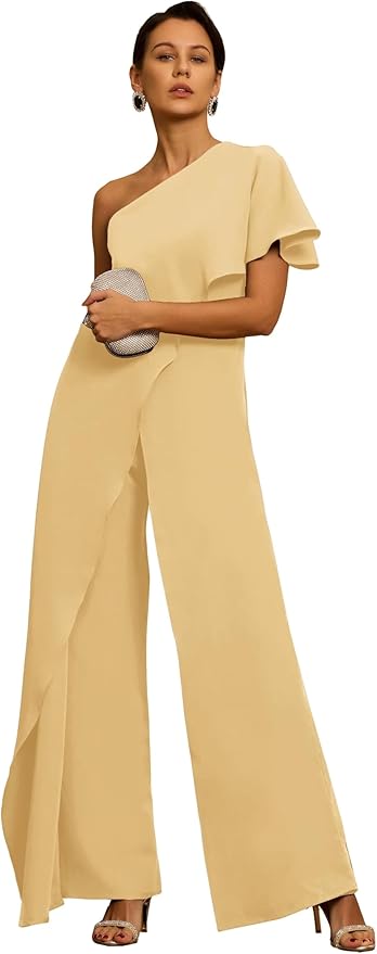 Mother of The Bride Jumpsuit Chiffon One Shoulder Ruffles Wedding Guest Pantsuit for Women