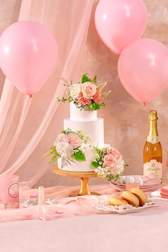 TINGE TIME 3Pcs Pre-made Cake Toppers，Silk Artificial Flowers Decor，Cake Decorations for Weddings, Birthdays, Party,Baby Shower,Celebration (PeachPink&White)