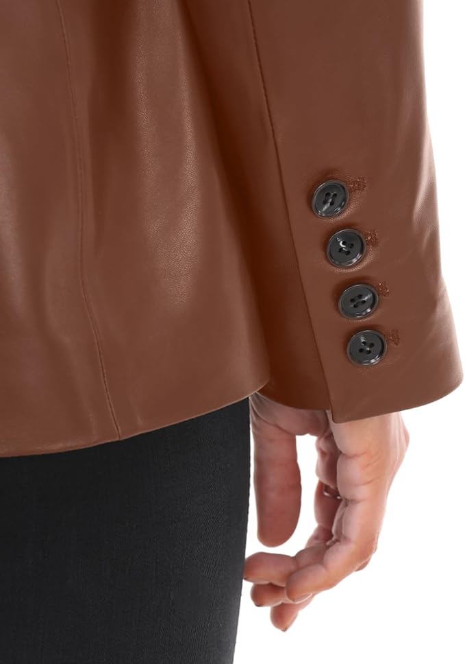 SILVER FASHIONS Lambskin Leather Jacket Women,Long Sleeve Button Front Leather Blazer,Notched Lapel Casual Style,Vent Detail