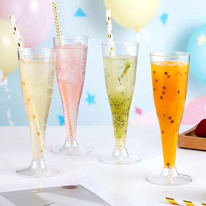 Remerry 200 Pcs Plastic Champagne Flutes 4.5 oz Clear Disposable Champagne Toasting Glass with Paper Straws, Mimosa Cocktail Cup for Valentine, Wedding, New Year, Birthday Party Supplies(Gold)