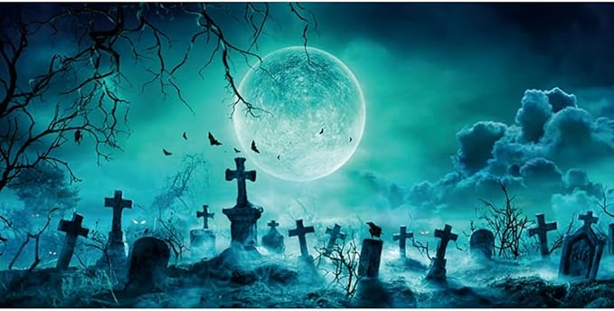 AOFOTO 20x10ft Halloween Backdrop Photography Horror Full Moon Night Scary Tombstone Graveyard Wooden Branches Backdrop for Kids Adult Family Party Birthday Banner Decor Halloween Photo Booth Prop
