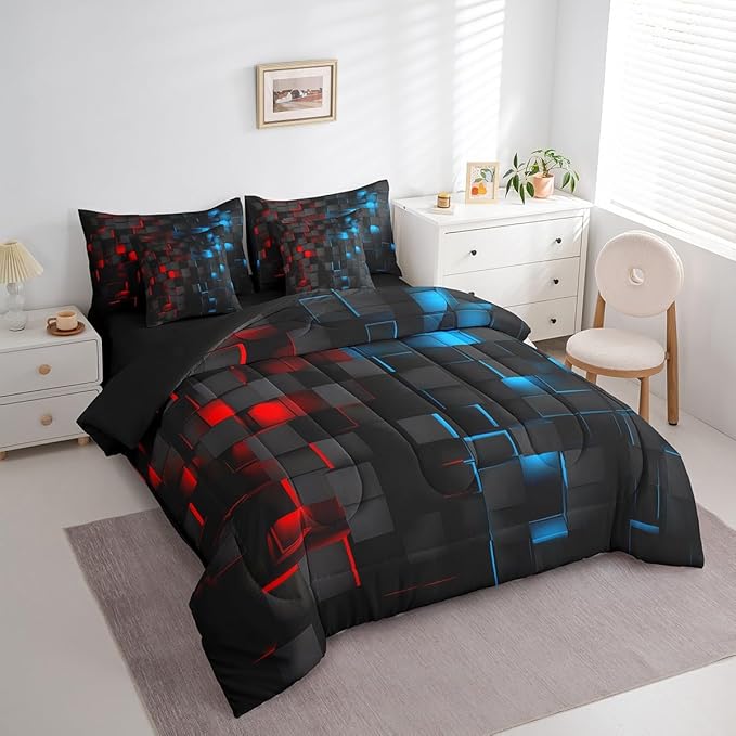 Feelyou Red and Blue Bedding Set Twin Size Kids Light Geometric Comforter Set with Sheets 7 Piece Bed in a Bag forModern Bed Set with Comforter,Sheets,Pillowcases,Cushion Covers