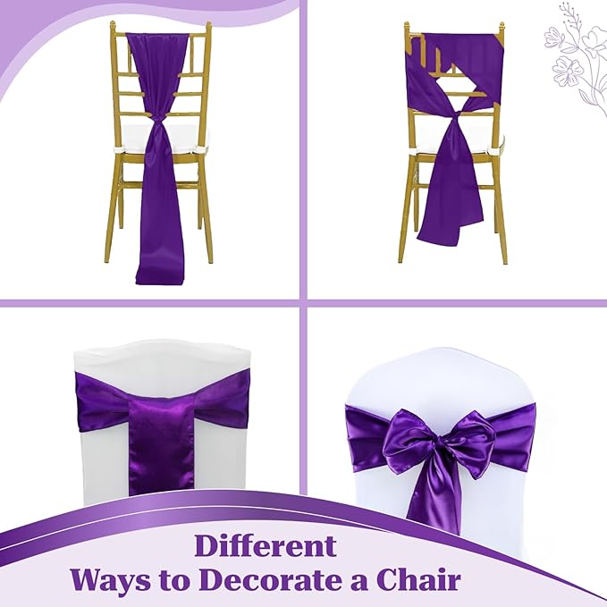 VDS Satin Chair Sashes Chair Cover Back Tie Sateen Bows Ribbon for Wedding Birthday Graduation Engagement Ceremony Event Party Banquet Venue Hotel All Dining Chair Decoration (40PC) (Purple)