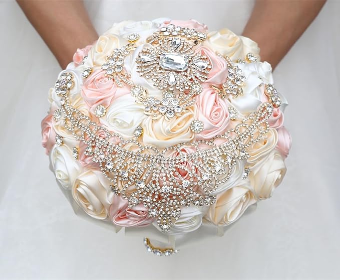 Bridal Wedding Bouquet Handmade with Luxury Gold Rhinestone Brooch Satin Rose Flower Bouquet for Bride Bridesmaid Quinceanera Bouquet Wedding Pale Pink Champagne and Ivory 9.8in