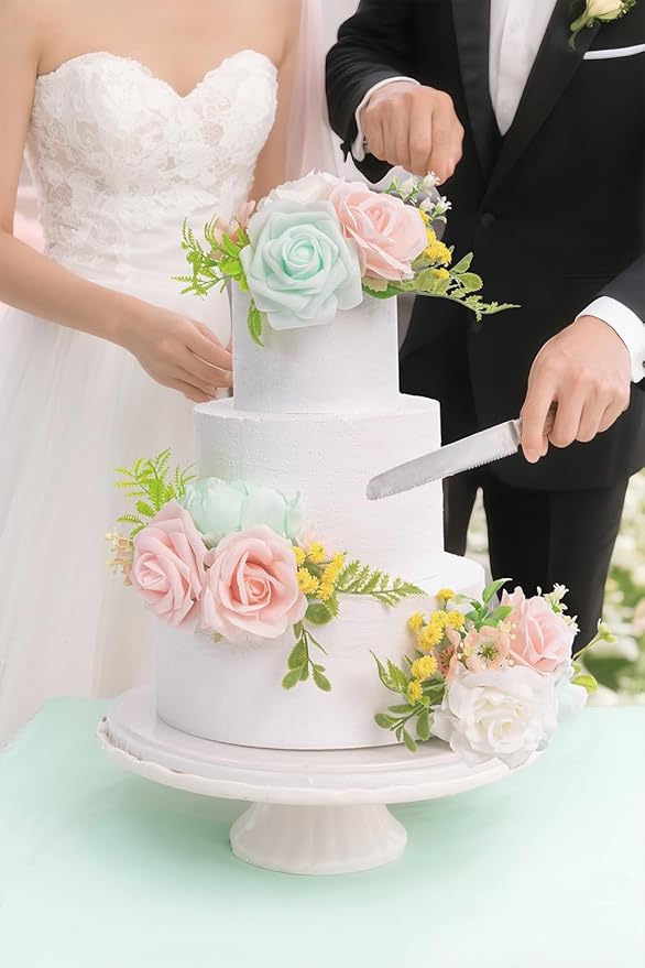 TINGE TIME 3Pcs Pre-made Cake Toppers，Silk Artificial Flowers Decor，Cake Decorations for Weddings, Birthdays, Party,Baby Shower,Celebration (Mint Green and Pink)