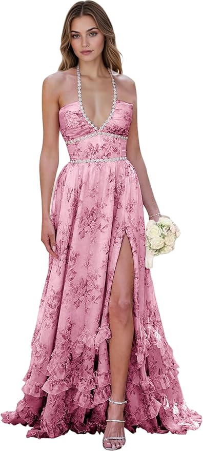 Floral Printed Chiffon Prom Dress for Carmen 2025 Long V Neck Floor Length Photoshoot Dress with Side Slit Ruched
